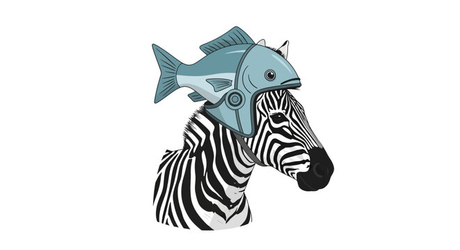 Zebra wearing a fish helmet, surreal animal illustration, white background