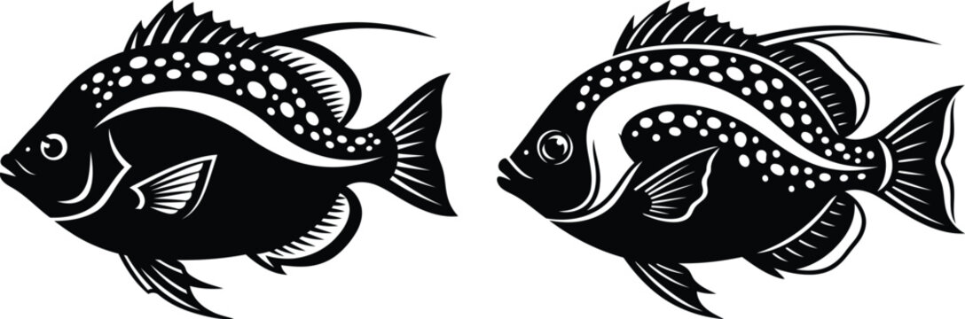Black and white illustration of two tropical fish