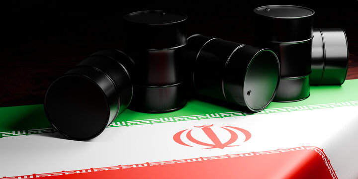 3D render of oil barrels on Iran flag map, petroleum exports, sanctions and global energy market concept