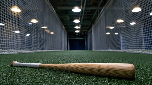 Baseball bat lying on green artificial turf in a batting cage