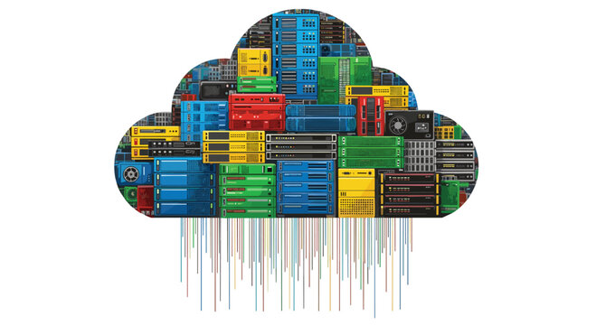 Server rack cloud cluster forming a digital network infrastructure with colorful hardware units and vertical data stream lines dripping from the base.