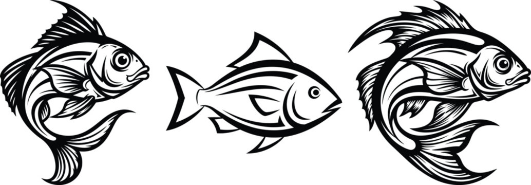 Black and white fish illustrations in various tattoo styles