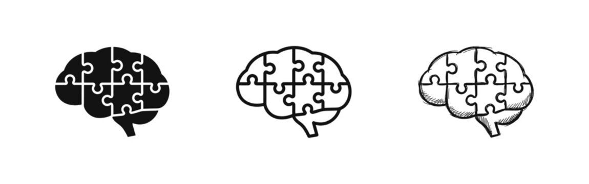 Brain Jigsaw Puzzle Icon Set Representing Mental Health and Problem Solving in Three Styles