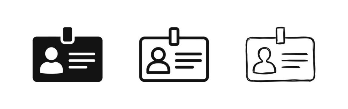 Employee ID Badge Name Tag Icon Set in Solid, Outline, and Hand-Drawn Sketch Styles