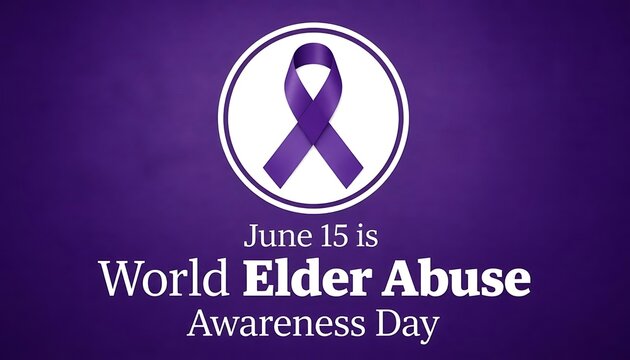 June 15 elder abuse awareness day featuring a purple ribbon on a dark purple background