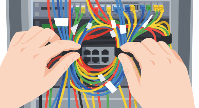 Close-up of hands managing and bundling colorful network cables connected to a server rack patch panel in a busy data center.
