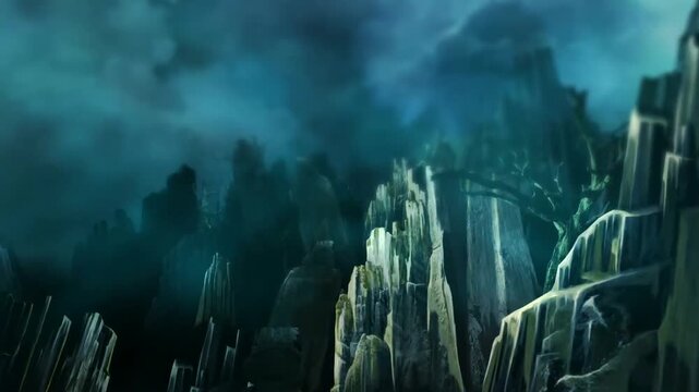Mysterious Foggy Mountain Landscape with Eerie Rock Formations and a Solitary Figure.