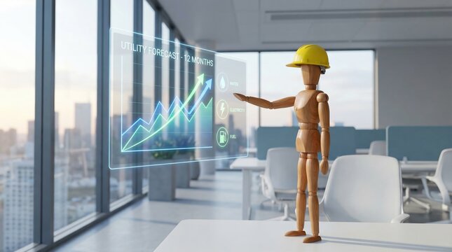 Wooden mannequin wearing a yellow hard hat analyzing a digital utility forecast graph in a modern office.