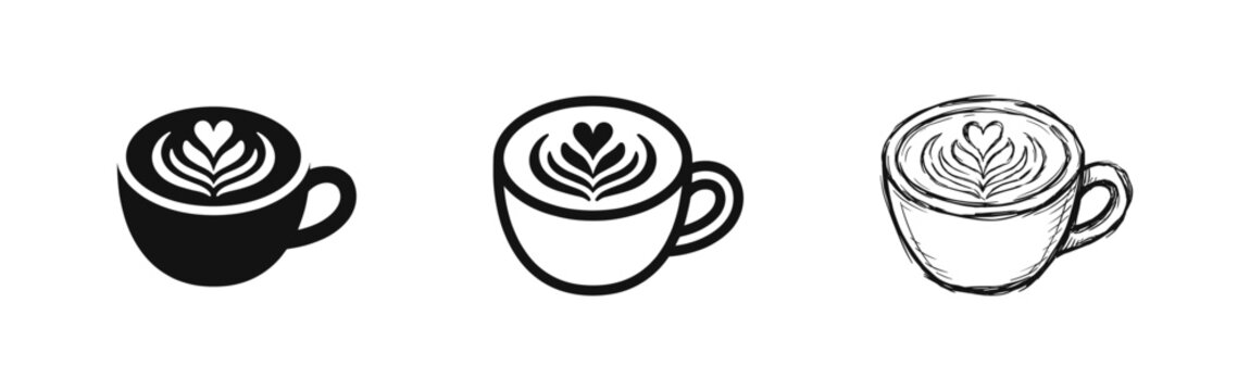 Cup of Coffee with Latte Art Icon Set, Espresso and Cappuccino Symbol, Cafe and Beverage Concept