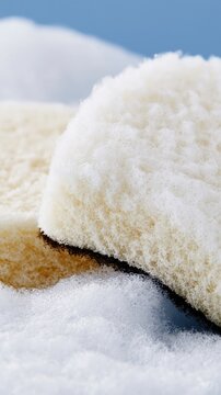 White sponge with foam texture closeup on soft background