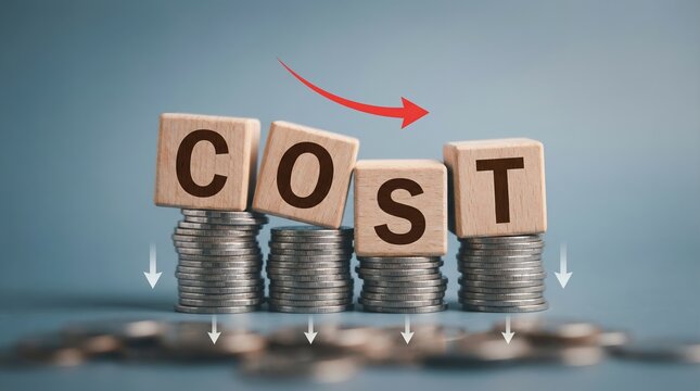 Wooden blocks spelling cost placed on stacks of coins with a red arrow indicating price reduction and savings.