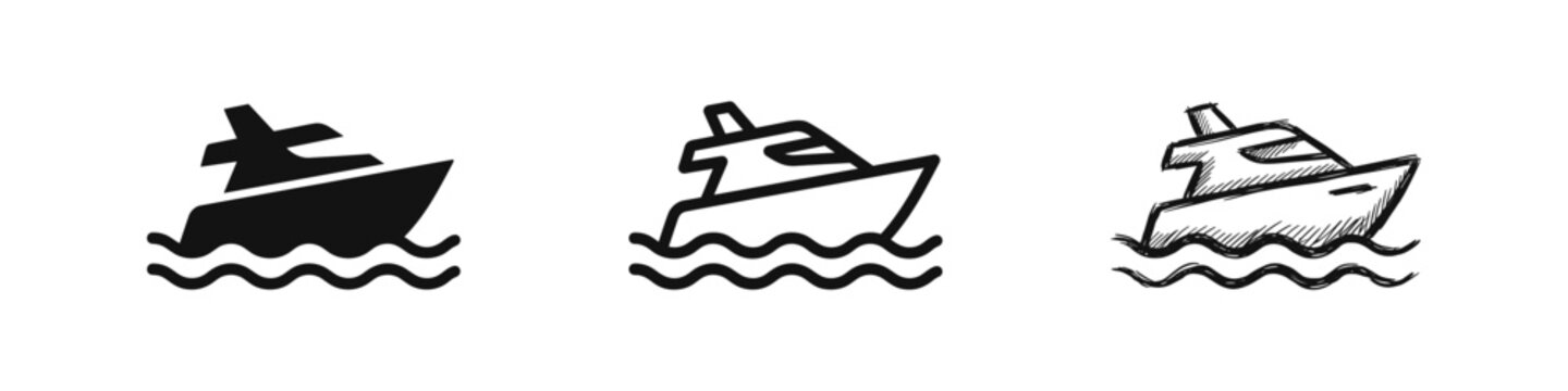 Yacht Icon Set, Motorboat Symbol, Luxury Sea Travel and Nautical Vacation Concept