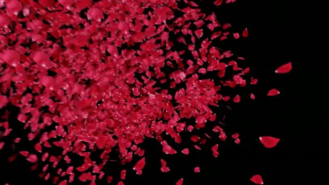 Red rose petals falling slowly on a black background perfect for romantic and elegant projects.