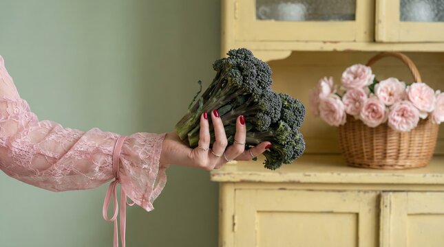 Woman in a pink lace dress holding a fresh head of broccoli in a vintage kitchen setting.