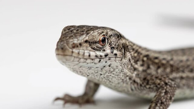 Close up of a small lizard on a white background.