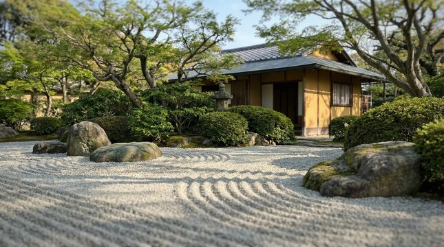 Traditional Japanese zen garden with raked sand and rocks in front of a peaceful tea house.