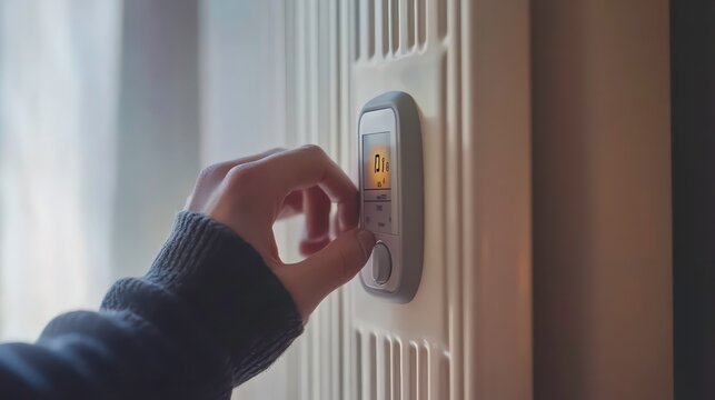 Hand Adjusting Thermostat on Radiator, Controlling Heating Temperature. Energy Saving and Home Comfort Concept.