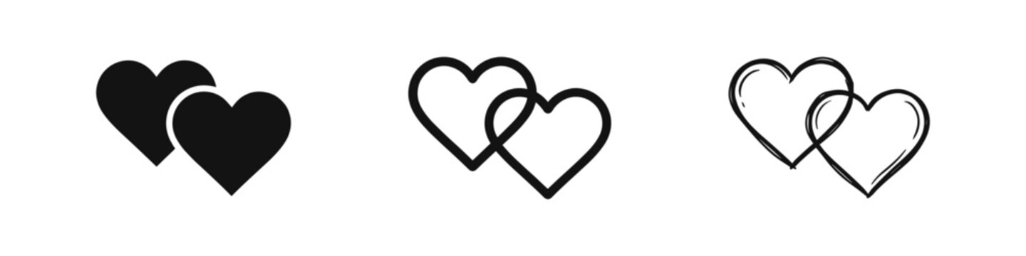 Two interlocking hearts icon set in solid, outline, and doodle styles