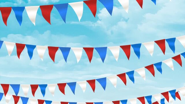 Red White And Blue Bunting Flags Against A Bright Blue Sky.