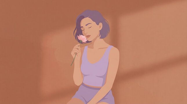 Minimalist vector illustration of a young woman smelling a pink flower for self care and wellness concept.