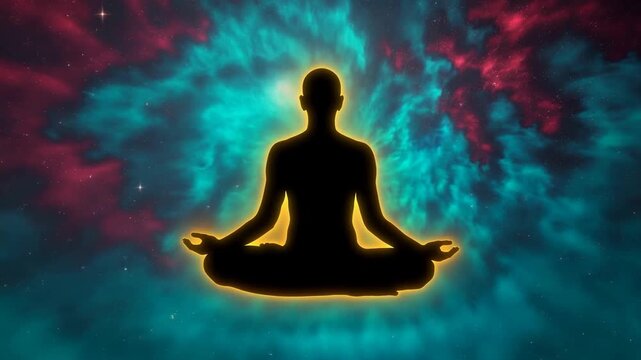 Slow zoom silhouette of person meditating levitating with glowing gold aura against cosmic nebula galaxy stars background