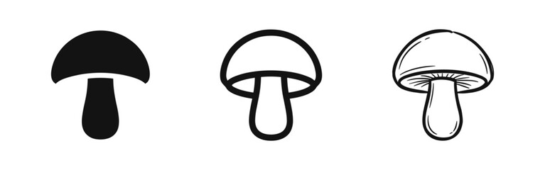 Mushroom Icon Set Including Solid, Outline and Hand-Drawn Sketch Versions © drawing lines
