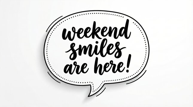 Inspirational weekend smiles are here quote in a speech bubble on a white background.