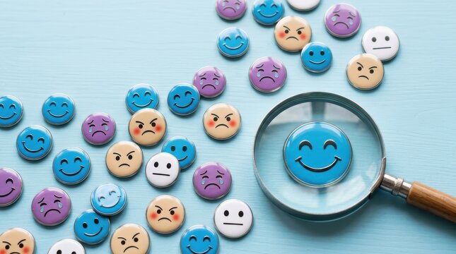 Magnifying glass focusing on a happy emoji button for customer satisfaction and feedback analysis concept.