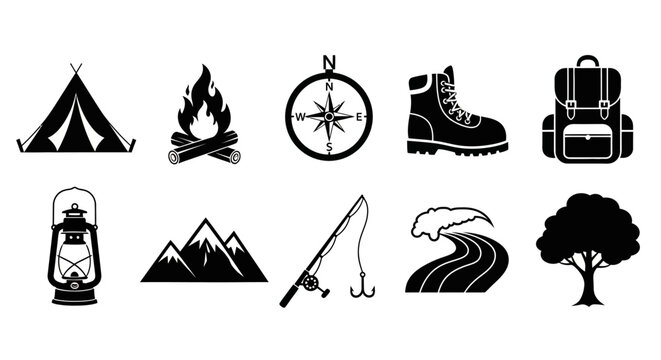 Camping icons and travel symbols.