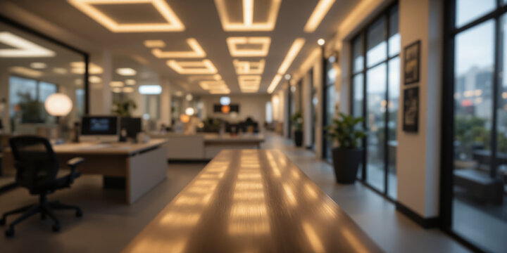 Blurred Modern Office Interior Warm Bokeh Lights Background A heavily blurred background depicting a modern office interior illuminated by warm