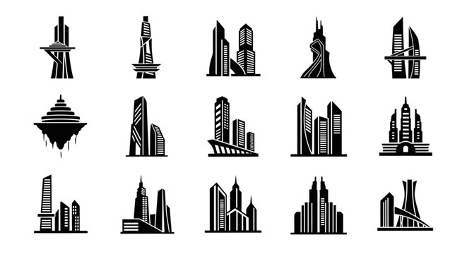 City skylines and skyscrapers icons set.