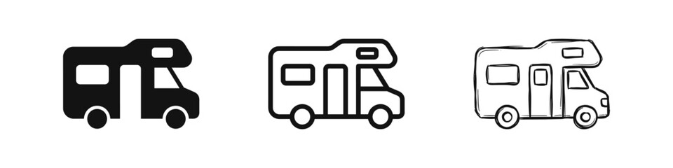 Camper Van Icon Set, RV Travel Symbols in Silhouette, Outline and Hand-Drawn Styles © drawing lines