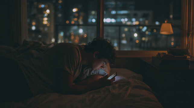 Young adult lying awake in bed unable to sleep while city lights glow outside ,depression, young men in his bed, teen watching in his phone in the dark, teen hiding his head under