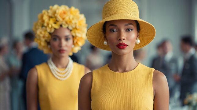 Elegant African American women wearing vintage yellow dresses and hats at a formal social event.