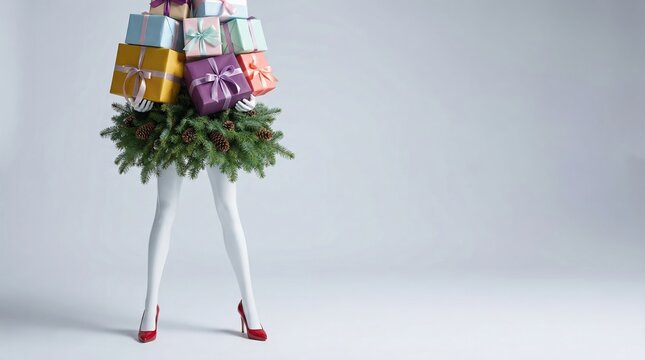 Creative Christmas shopping concept with a woman wearing a pine skirt and carrying a stack of colorful gift boxes.