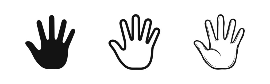 Human Hand Palm Icon Set, Help Stop Symbols in Silhouette, Outline and Hand-Drawn Styles