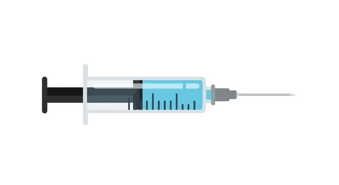 Medical syringe with needle and liquid.
