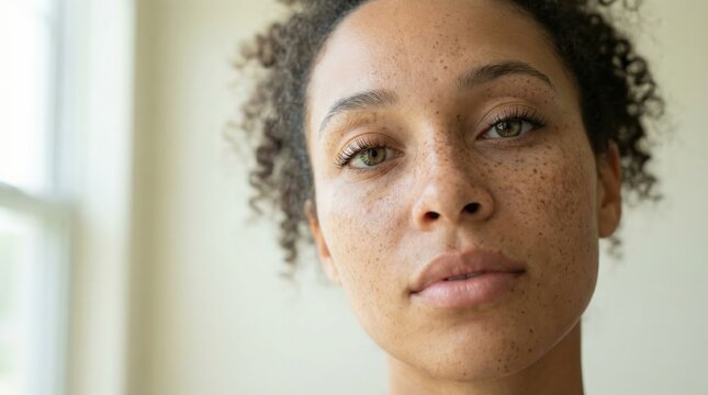Close up portrait of a beautiful young woman with freckles and natural skin looking at the camera.