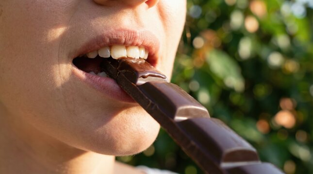 Close up of a young woman biting into a dark chocolate bar outdoors in the sunlight.