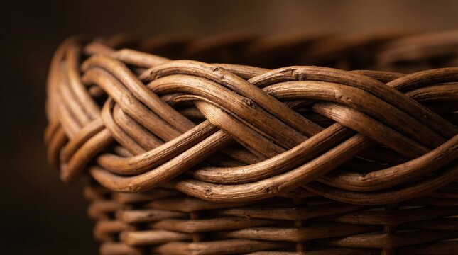 Close up of a handcrafted wicker basket rim showing detailed woven texture and natural wood material.