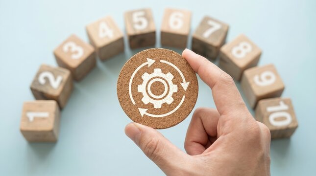 Business process optimization and automation concept with hand holding gear icon and numbered wooden blocks.