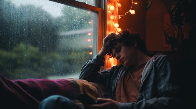 Young adult sitting by the window during a storm with a thoughtful mood ,depression, young men in his bed, teen watching in his phone in the dark, teen hiding his head under the pi