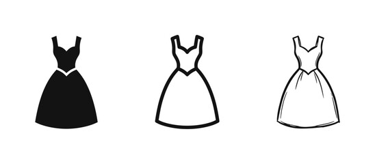 Female Evening Dress Icon Set - Fashion Gown Solid, Outline, and Sketch Styles © drawing lines