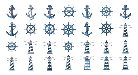 Nautical icons of anchors and lighthouses. © M FAIZAL