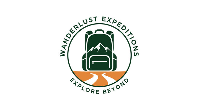 Green backpack logo with mountains.
