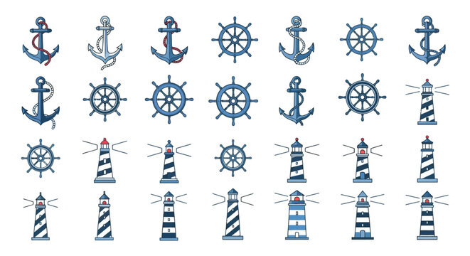 Nautical icons of anchors and lighthouses.