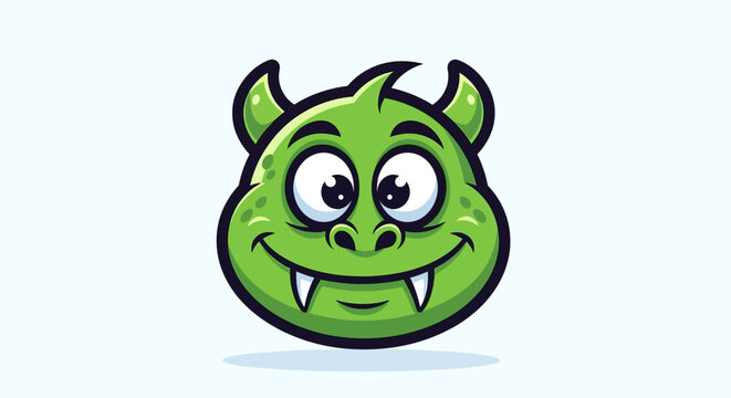 Green cartoon monster face smiling.