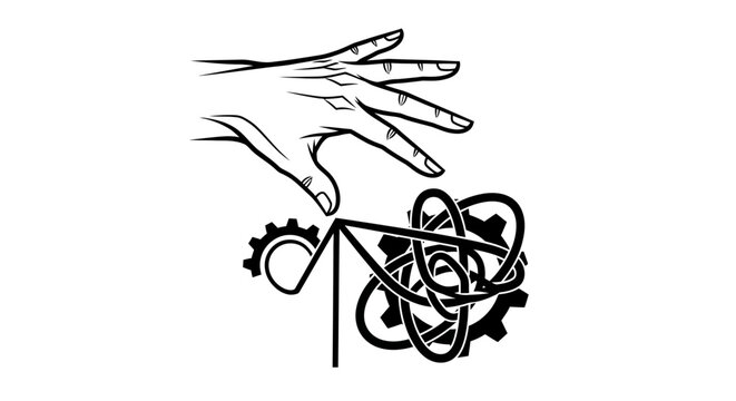 Hand interacting with tangled wire mess.