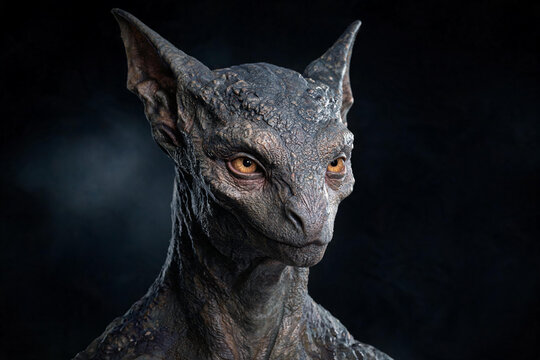 Detailed portrait of a mythical creature with reptilian skin and large pointed ears against dark background