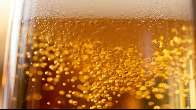 Close up of golden beer with rising bubbles in a glass.